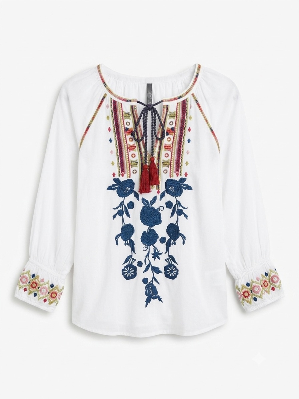 Banjara - Embroidered White Peasant Blouse with Floral Motif
